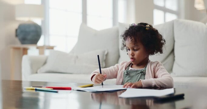 Drawing, learning and kid with paper in home for creative lesson, motor skills and test. Developmental psychology, therapy session and young girl with crayons for education, fun activity and writing