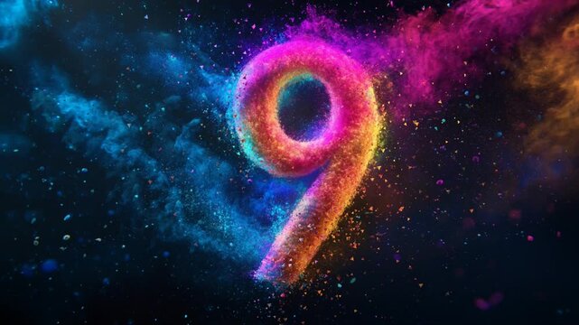 text number 9 colorful 3d neon art with multicolor powder splash on behind with the dark background