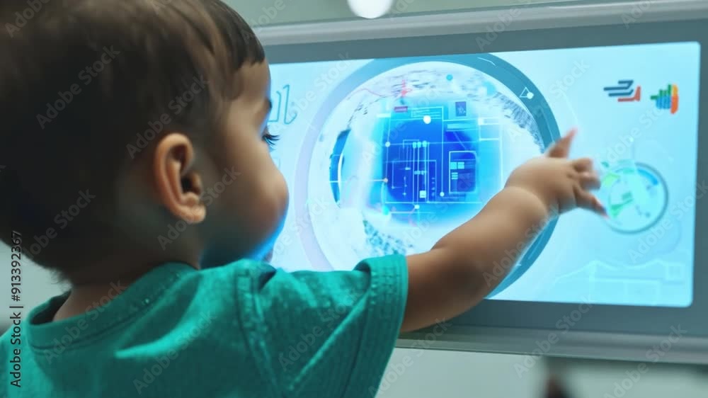 Poster A young child explores an interactive touchscreen display, engaging with visual content in a bright educational setting.