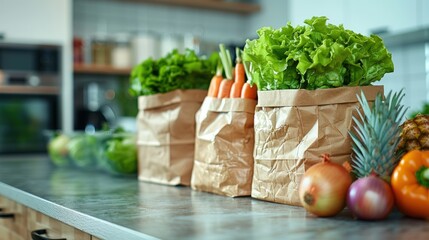 Fresh Produce in Paper Bags on a Kitchen Countertop.