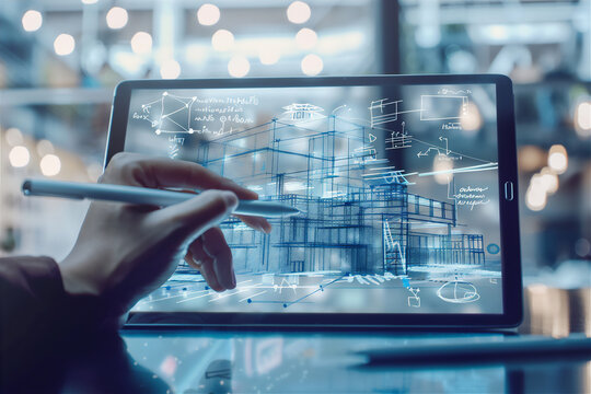 architect working house blueprints on tablet