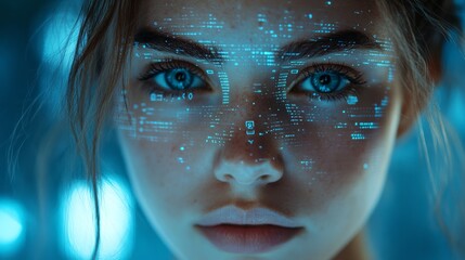 Close-Up of Young Woman with Digital Interface Overlay Featuring Binary Code and Technology Imagery Against a Cool Blue Gradient Background, Blending Human and Futuristic Themes
