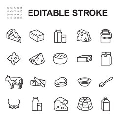Collection of dairy product icons. Made in thin line style. Contains icons such as various shapes of cheese slices, sterilized milk, powdered milk, meat.
