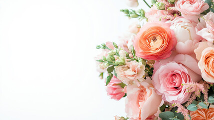 Photo of a pink and peach flowers wedding bouquet. Blank space for text, copy space for wedding greeting card, valentine. 