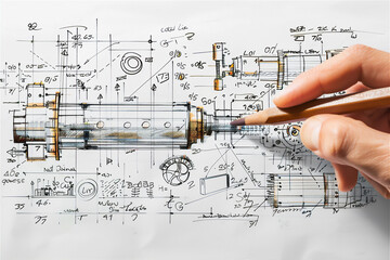 architect drawing a machine blueprint on  paper