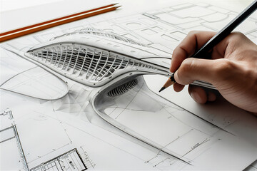 architect drawing a bridge blueprint on white paper with  pencil