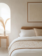 Minimalistic Bedroom with Natural Light and Earth-Toned Bedding