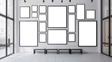A gallery wall of blank mockup frames of various sized in portrait orientation