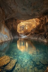 An expansive cave with a subterranean river running through it, the water surface shimmering under the dim light of the cave entrance