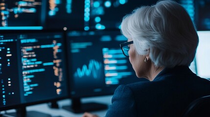 Senior American woman, stylish in smart-casual, immersed in app development at a tech incubator, sleek workspace with holographic displays