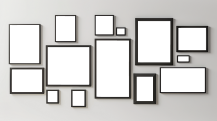 A gallery wall of blank mockup frames of various sized in portrait orientation