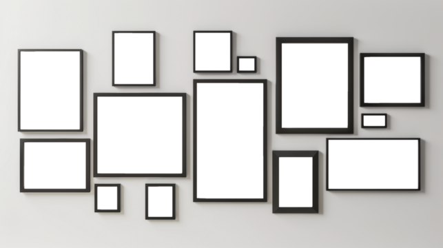 A gallery wall of blank mockup frames of various sized in portrait orientation