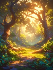 Enchanting Anime-Inspired Forest Dreamscape: Luminous 4K Fantasy Wallpaper Blending Digital Art and Nature. Ethereal Concept Illustration for Video Game Backgrounds, Book Covers, and Immersive Storyte