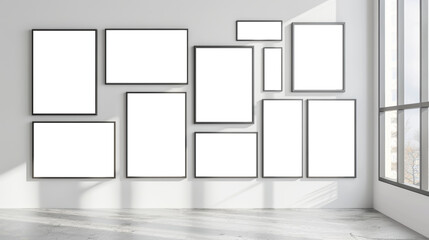 A gallery wall of blank mockup frames of various sized in portrait orientation