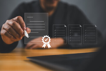 Quality control, certificate, standard, guarantee, Hand shows the sign of the top service Quality...