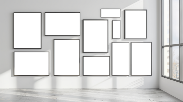 A gallery wall of blank mockup frames of various sized in portrait orientation