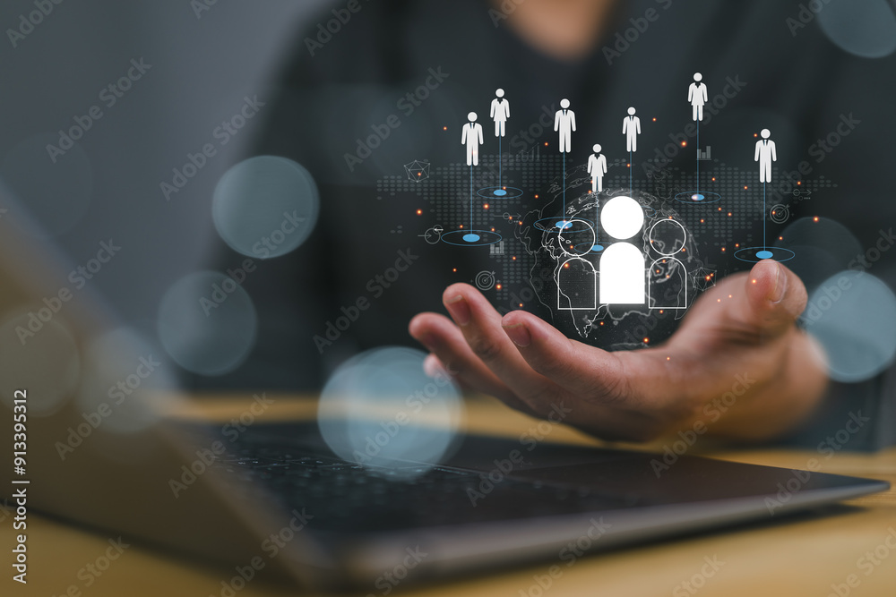 Poster Customer Relationship Management, Businessman use computer with global structure customer network technology, Data exchanges development. customer service, social media. digital marketing online