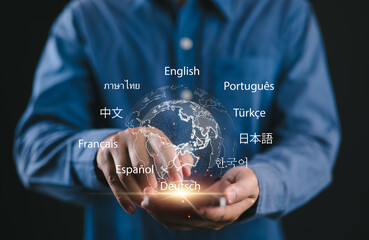 Translator app, language course and e-learning concept. Person use smartphone with Translator app,...