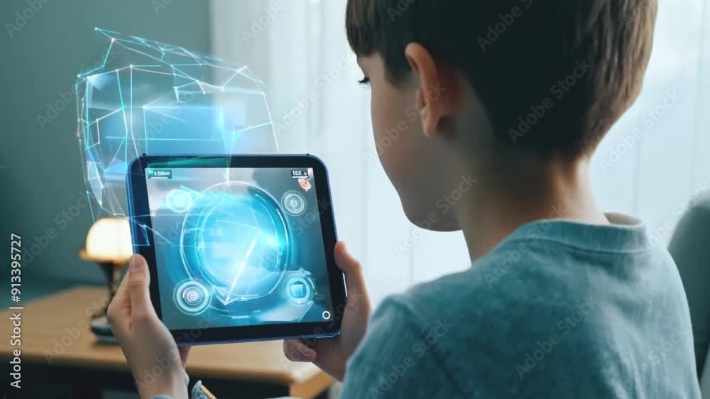Poster a young child explores an interactive game on a tablet, captivated by the colorful graphics and holo