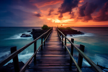 Obraz premium Footbridge sea beach for meditation journey calm hormone sunset sea yoga