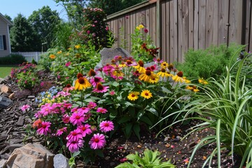 Colorful Flower Garden Blooming in Full Sunlight Near Wooden Fence in Early Summer Afternoon