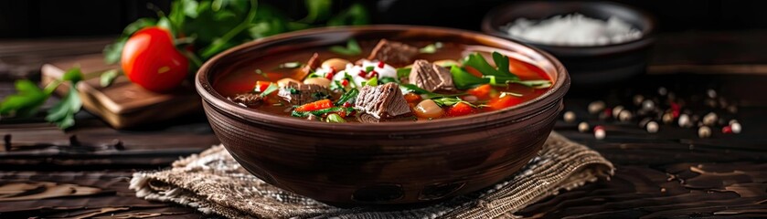 A delicious bowl of hearty beef stew with fresh vegetables and herbs, perfect for cozy dinners or comfort food cravings.