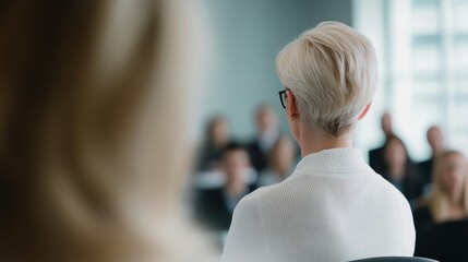 Silver-haired business mentor in her 50s, offering guidance to a group of young, energetic entrepreneurs from various backgrounds, set in a well-lit, high-tech classroom.