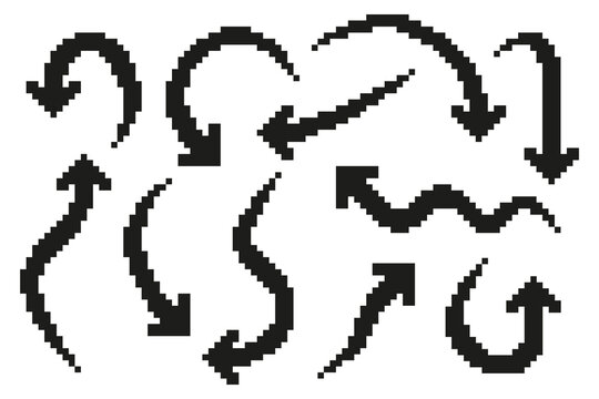 Pixel art arrow icons set. Collection of pixel thick arrows in different directions. Vector illustration on isolated background.