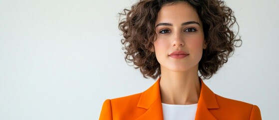 Curly-haired woman in a striking orange blazer presenting tech innovation, engaging a diverse panel of investors with Asian, African, and American backgrounds