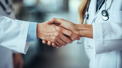 A pharmaceutical sales representative shakes hands with a female doctor in a medical building while a hospital director consults with healthcare staff
