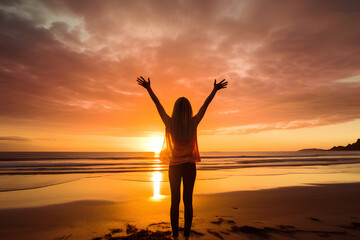 Happy cheering celebrating success woman at beautiful beach sunset. Fitness girl enjoying view with arms raised up towards the sky. Happy free freedom sport concept image outdoors.