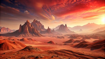 Martian landscape with red rocky terrain, towering mountains, and a pink hazy sky, Martian, landscape, red, rocky, terrain