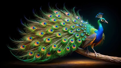 Beautiful peacock feather with vibrant colors, peacock perched on a branch against a black background, Peacock