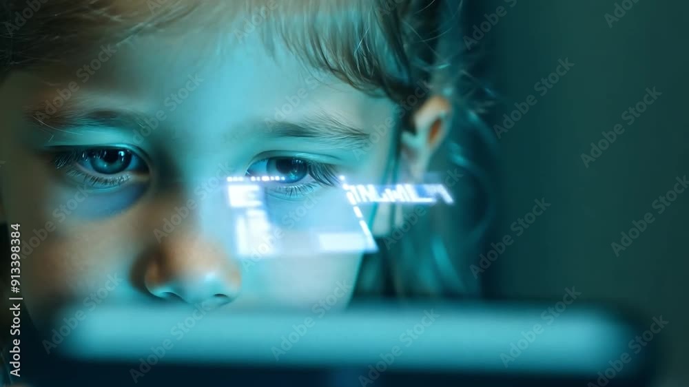 Poster a young child focuses intently on a smartphone screen in a dark room, highlighting curiosity and con