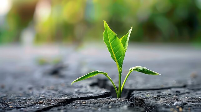 A small green plant sprouts from a crack in the pavement, a symbol of resilience and hope.