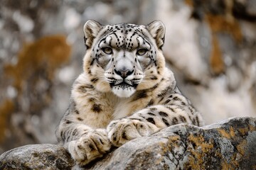 Fototapeta premium Portrait of a snow leopard perched on a rocky outcrop, its fur blending with the icy surroundings. High-resolution, detailed textures, crisp focus