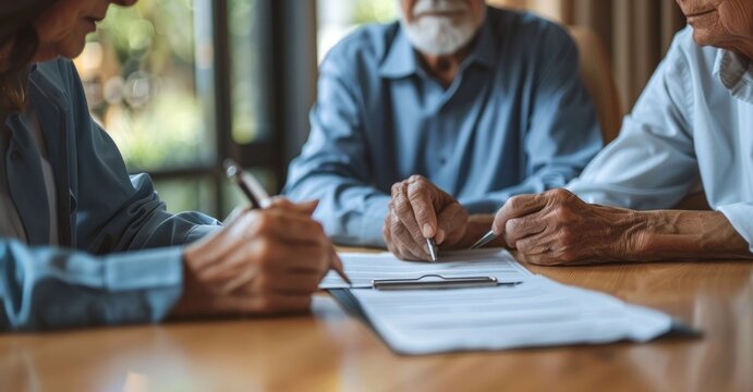 Elderly couple discussing financial papers and signing documents at table in home office