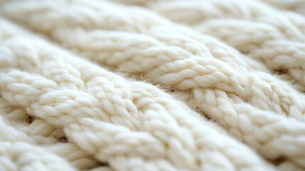 beige knitted woolen fabric, showcasing its intricate texture and patterns. The soft and warm material embodies comfort, coziness, and the timeless charm of handcrafted textiles
