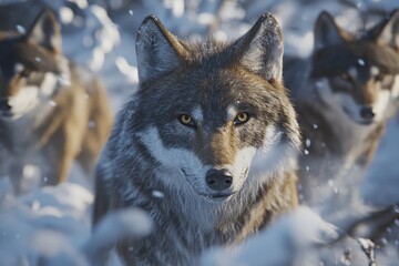 Obraz premium Portrait of a prehistoric wolf pack hunting in the snowy forest, with detailed fur and sharp eyes. High-resolution, detailed textures, crisp focus