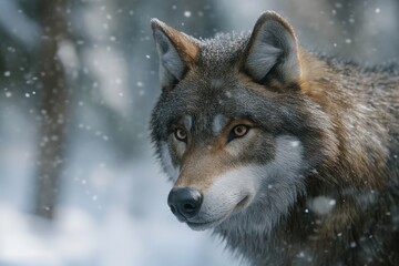 Fototapeta premium Portrait of a prehistoric wolf pack hunting in the snowy forest, with detailed fur and sharp eyes. High-resolution, detailed textures, crisp focus
