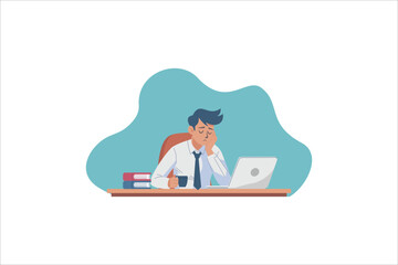 Bored young man at the desk with tired expressions. vector illustrations.