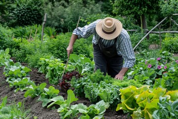 Gardener Tending to Fresh Vegetables in a Lush Green Garden During Daytime