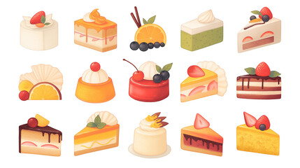 isolated collection of desserts, cake, pudding, sweets, fruit- water color illustrations