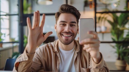 happy man working from home, zoom meeting with clients, comfortable work space