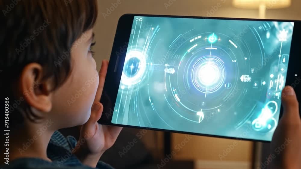 Aufkleber A boy focuses intently on a tablet displaying a colorful interactive gaming interface while sitting comfortably at home in the evening.