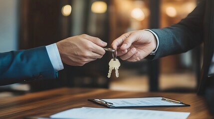 In a real estate transaction an agent hands over house keys to a client over a contract