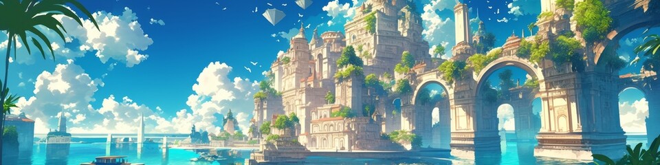 Surreal Anime-Inspired Cityscape: Urban Fantasy Fusion of Pyramids, Castles, and Temples. 4K Digital Wallpaper Blending Japanese Animation Style with Architectural Wonders for Creative Marketing and I