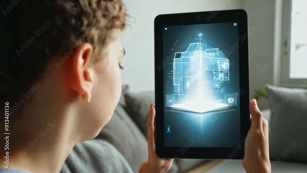 Aufkleber A child interacts with a tablet showcasing a 3D holographic display of various models in a cozy indoor setting.