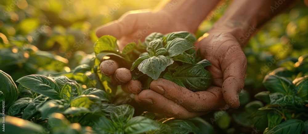 Canvas Prints hands holding fresh basil in a field