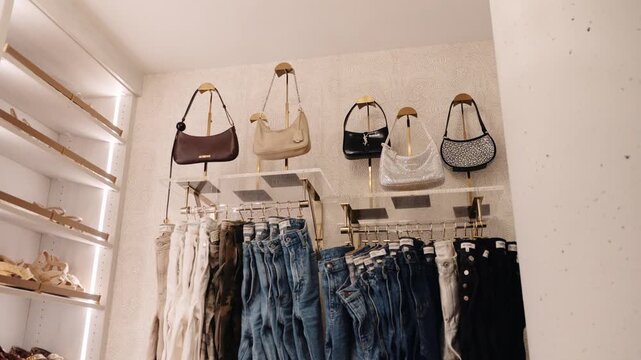 a luxury closet filled with shoes, jeans, and a focus on purses and hand bags